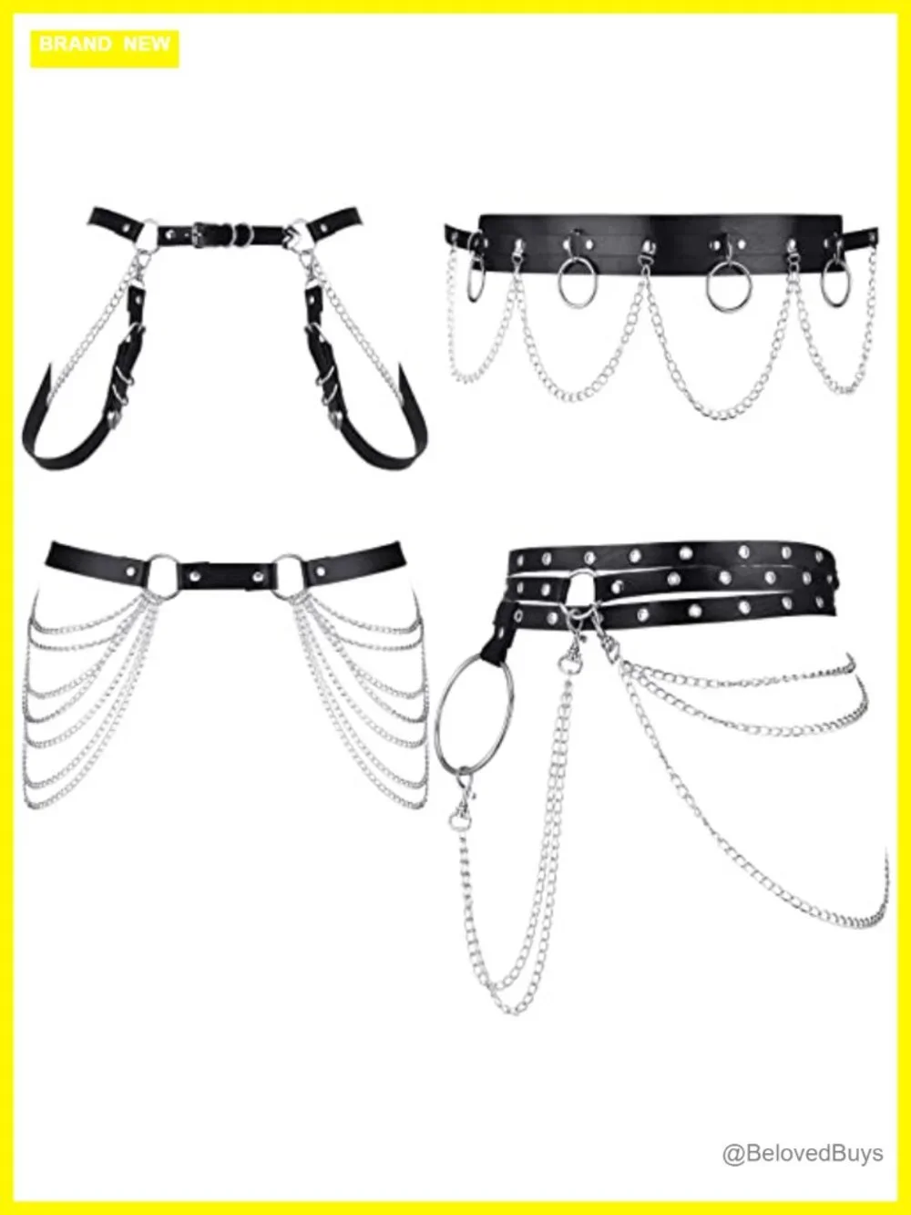 4 Pcs Punk Waist Chain Belt for Women Black Leather Body Chain